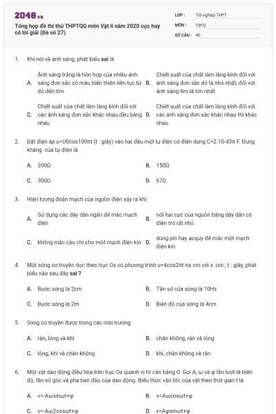 Tổng hợp đề thi thử THPTQG môn Vật lí năm 2020 cực hay có lời giải (Đề số 27)