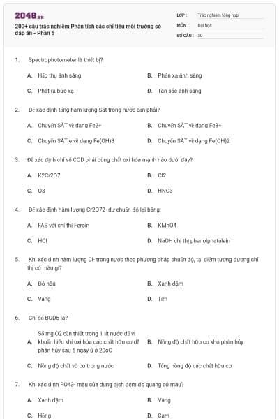 200+ câu trắc nghiệm Phân tích các chỉ tiêu môi trường có đáp án - Phần 6