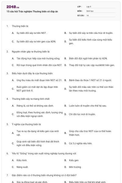 15 câu hỏi Trắc nghiệm Thường biến có đáp án