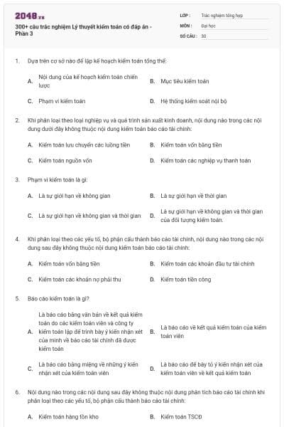 300+ câu trắc nghiệm Lý thuyết kiểm toán có đáp án - Phần 3