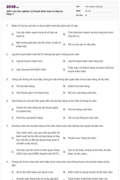 300+ câu trắc nghiệm Lý thuyết kiểm toán có đáp án - Phần 7