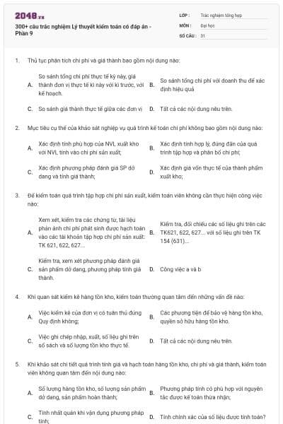 300+ câu trắc nghiệm Lý thuyết kiểm toán có đáp án - Phần 9