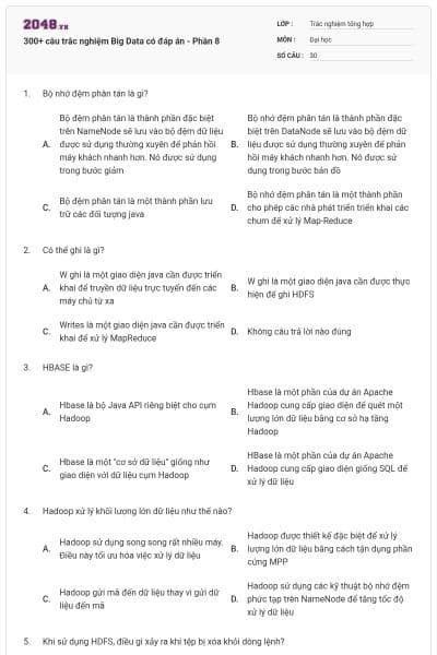 300+ câu trắc nghiệm Big Data có đáp án - Phần 8