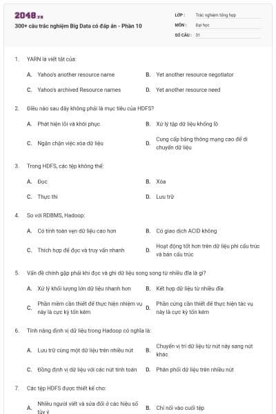 300+ câu trắc nghiệm Big Data có đáp án - Phần 10