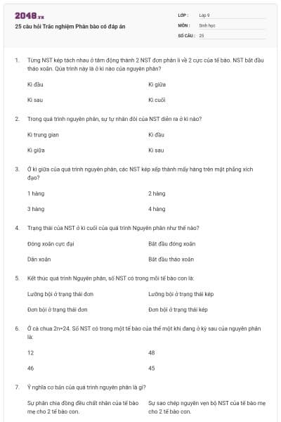 25 câu hỏi Trắc nghiệm Phân bào có đáp án