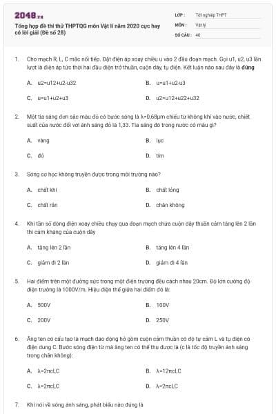 Tổng hợp đề thi thử THPTQG môn Vật lí năm 2020 cực hay có lời giải (Đề số 28)