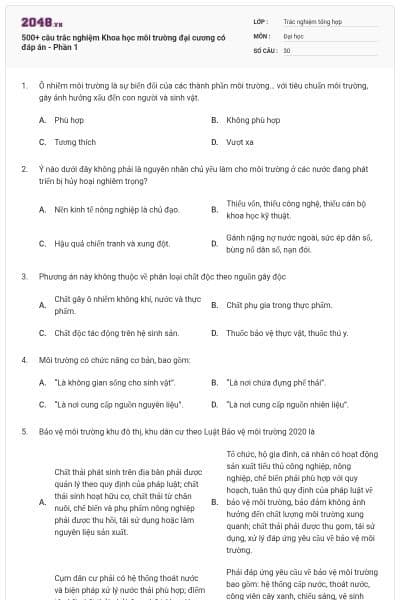 500+ câu trắc nghiệm Khoa học môi trường đại cương có đáp án - Phần 1
