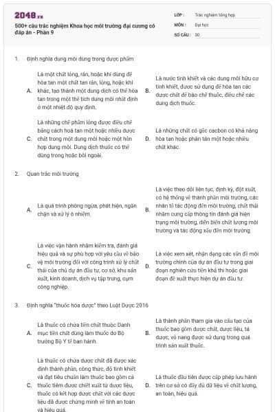 500+ câu trắc nghiệm Khoa học môi trường đại cương có đáp án - Phần 9