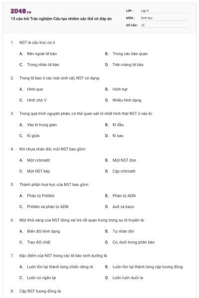 15 câu hỏi Trắc nghiệm Cấu tạo nhiễm sắc thể có đáp án