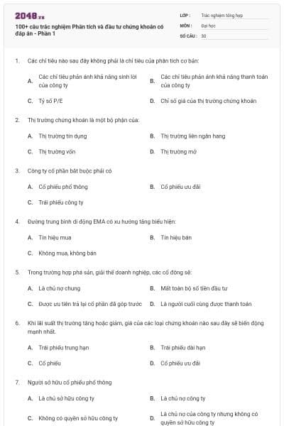 100+ câu trắc nghiệm Phân tích và đầu tư chứng khoán có đáp án - Phần 1