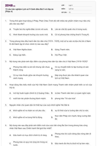 15 câu trắc nghiệm Lịch sử 9 Cánh diều Bài 5 có đáp án (Phần 4)