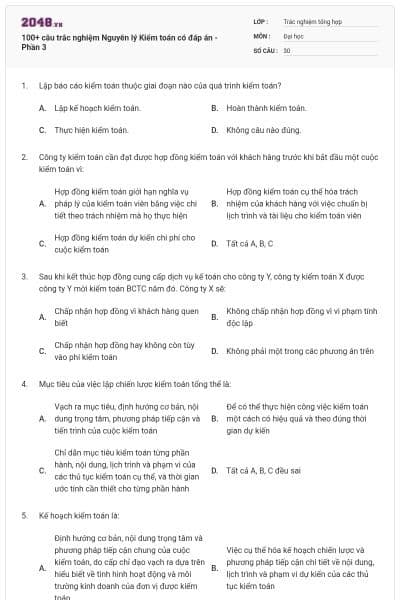 100+ câu trắc nghiệm Nguyên lý Kiểm toán có đáp án - Phần 3
