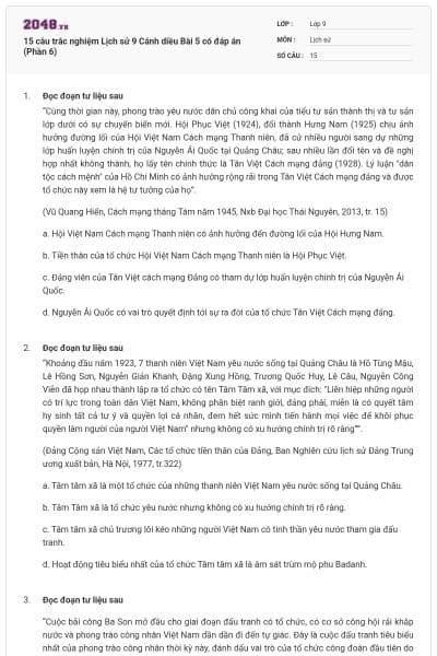 15 câu trắc nghiệm Lịch sử 9 Cánh diều Bài 5 có đáp án (Phần 6)