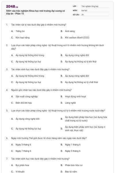 500+ câu trắc nghiệm Khoa học môi trường đại cương có đáp án - Phần 15