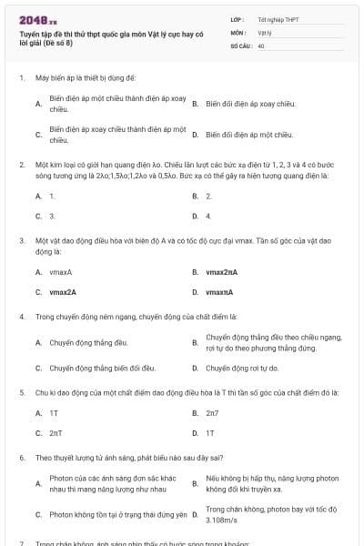 Tuyển tập đề thi thử thpt quốc gia môn Vật lý cực hay có lời giải (Đề số 8)