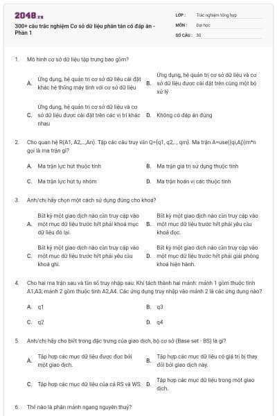 300+ câu trắc nghiệm Cơ sở dữ liệu phân tán có đáp án - Phần 1