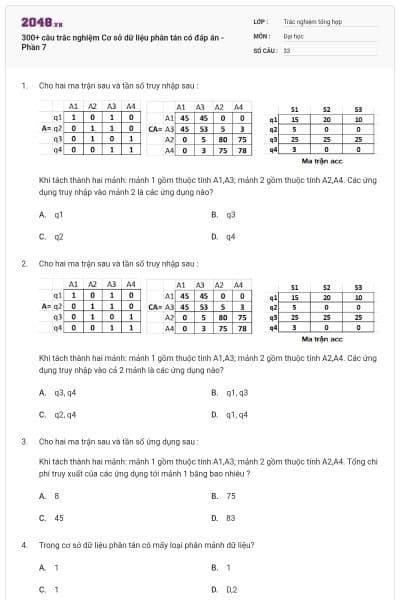 300+ câu trắc nghiệm Cơ sở dữ liệu phân tán có đáp án - Phần 7