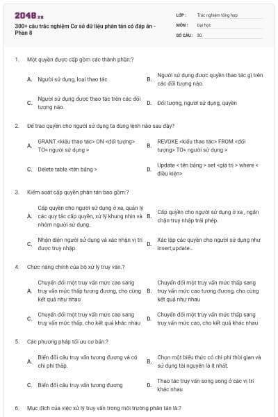 300+ câu trắc nghiệm Cơ sở dữ liệu phân tán có đáp án - Phần 8