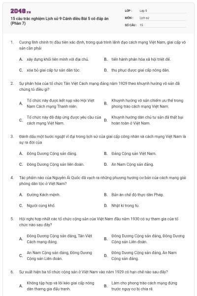 15 câu trắc nghiệm Lịch sử 9 Cánh diều Bài 5 có đáp án (Phần 7)