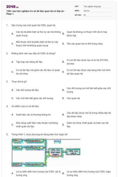 100+ câu trắc nghiệm Cơ sở dữ liệu quan hệ có đáp án - Phần 1