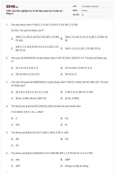 100+ câu trắc nghiệm Cơ sở dữ liệu quan hệ có đáp án - Phần 4