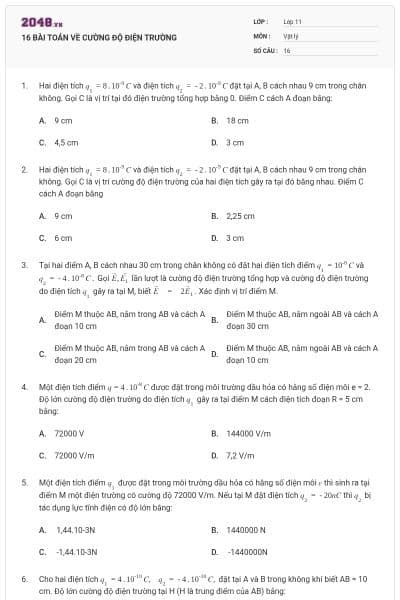 16 BÀI TOÁN VỀ CƯỜNG ĐỘ ĐIỆN TRƯỜNG