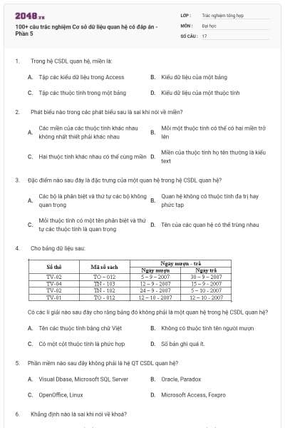 100+ câu trắc nghiệm Cơ sở dữ liệu quan hệ có đáp án - Phần 5