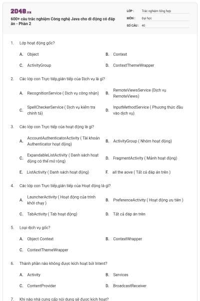 600+ câu trắc nghiệm Công nghệ Java cho di động có đáp án - Phần 2