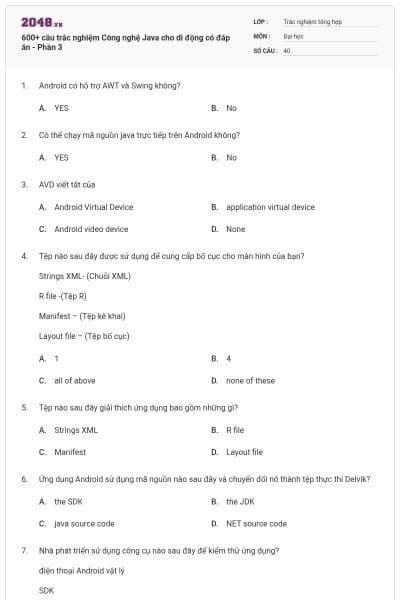 600+ câu trắc nghiệm Công nghệ Java cho di động có đáp án - Phần 3