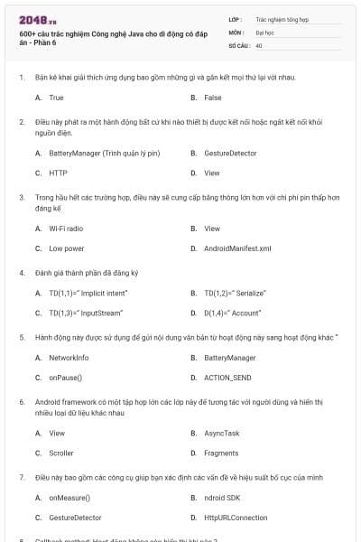 600+ câu trắc nghiệm Công nghệ Java cho di động có đáp án - Phần 6