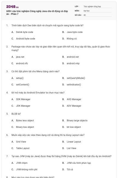 600+ câu trắc nghiệm Công nghệ Java cho di động có đáp án - Phần 7