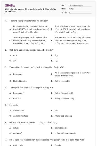 600+ câu trắc nghiệm Công nghệ Java cho di động có đáp án - Phần 11