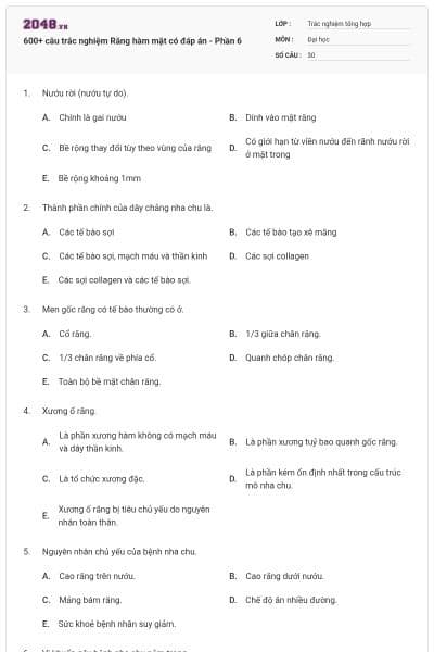 600+ câu trắc nghiệm Răng hàm mặt có đáp án - Phần 6