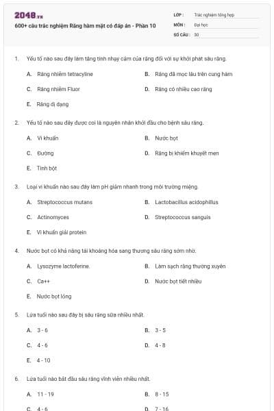 600+ câu trắc nghiệm Răng hàm mặt có đáp án - Phần 10