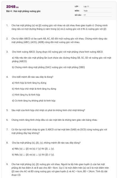 Bài 4 : Hai mặt phẳng vuông góc