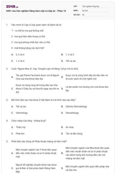 600+ câu trắc nghiệm Răng hàm mặt có đáp án - Phần 16