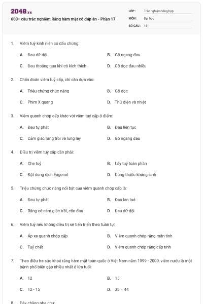 600+ câu trắc nghiệm Răng hàm mặt có đáp án - Phần 17