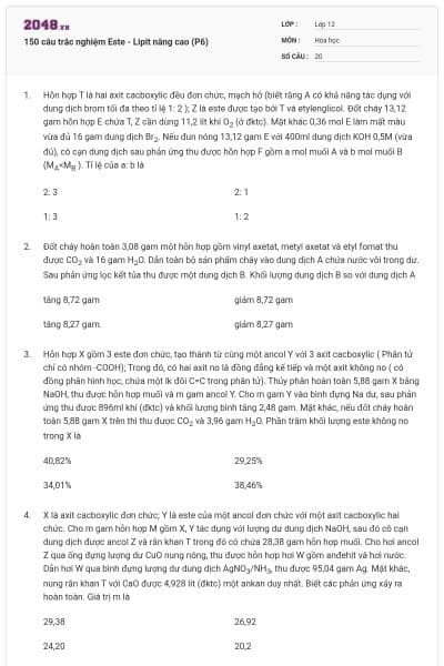 150 câu trắc nghiệm Este - Lipit nâng cao (P6)