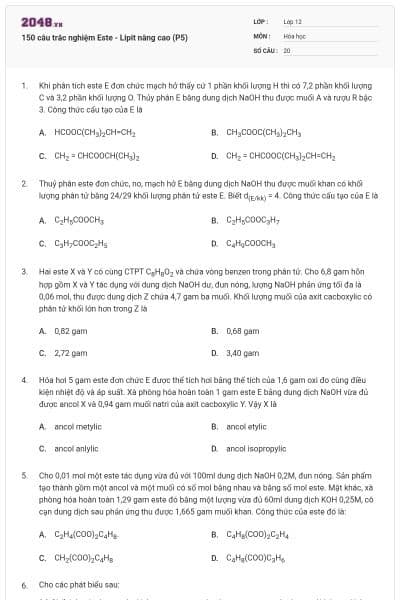 150 câu trắc nghiệm Este - Lipit nâng cao (P5)