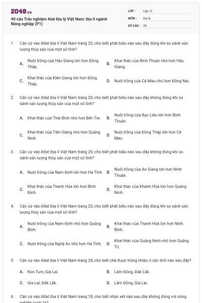 40 câu  Trắc nghiệm Alat Địa lý Việt Nam: Địa lí ngành Nông nghiệp (P1)