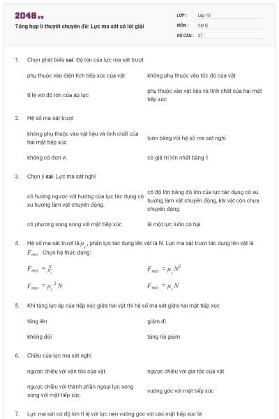 Tổng hợp lí thuyết chuyên đề: Lực ma sát có lời giải