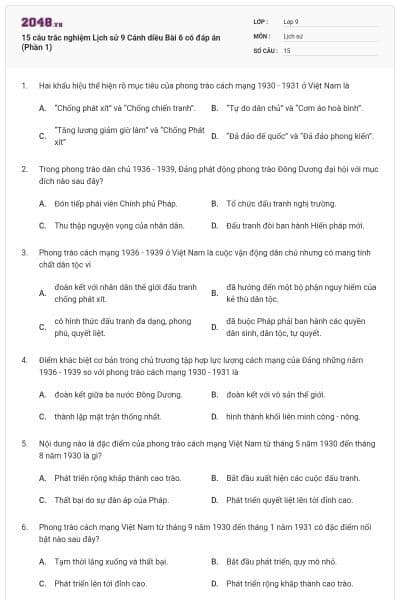 15 câu trắc nghiệm Lịch sử 9 Cánh diều Bài 6 có đáp án (Phần 1)