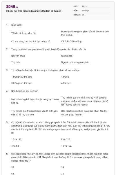 20 câu hỏi Trắc nghiệm Giao tử và thụ tinh có đáp án