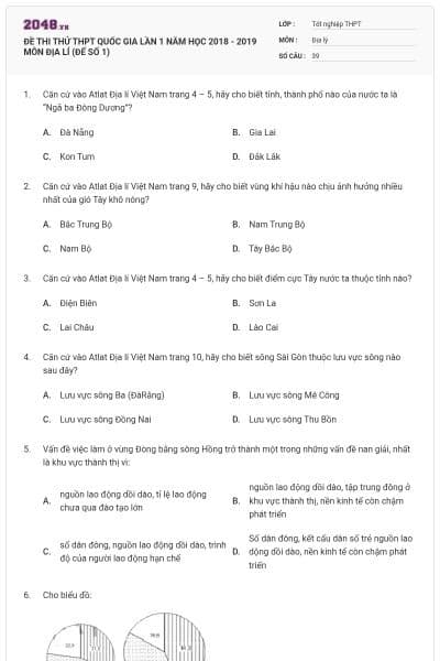 ĐỀ THI THỬ THPT QUỐC GIA LẦN 1 NĂM HỌC 2018 - 2019 MÔN ĐỊA LÍ (ĐẾ SỐ 1)