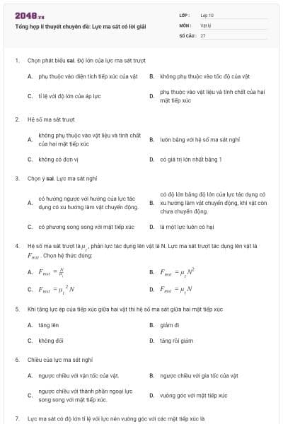 Tổng hợp lí thuyết chuyên đề: Lực ma sát có lời giải