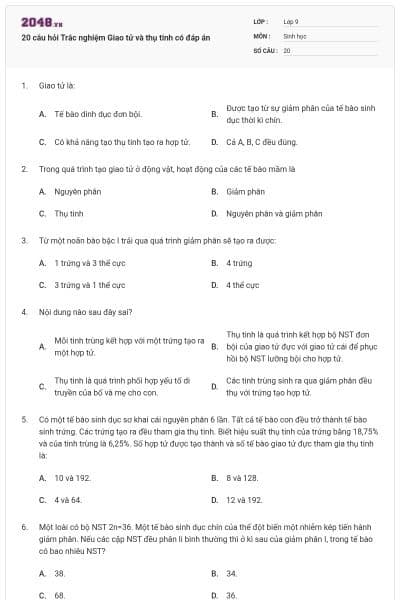 20 câu hỏi Trắc nghiệm Giao tử và thụ tinh có đáp án