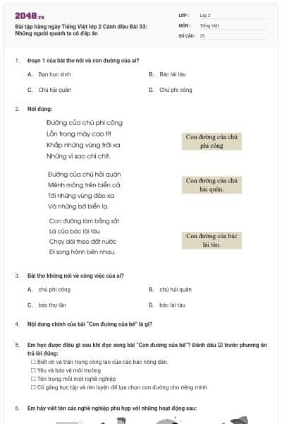 Bài tập hàng ngày Tiếng Việt lớp 2 Cánh diều Bài 33: Những người quanh ta có đáp án