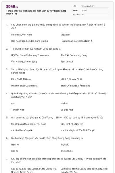 Tổng đề thi thử thpt quốc gia môn Lịch sử hay nhất có đáp án (đề 15)