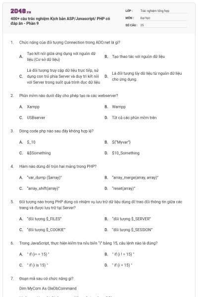 400+ câu trắc nghiệm Kịch bản ASP/Javascript/ PHP có đáp án - Phần 9