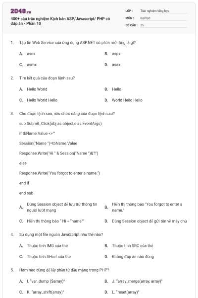 400+ câu trắc nghiệm Kịch bản ASP/Javascript/ PHP có đáp án - Phần 10